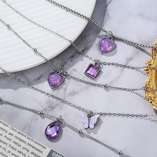 Ifkm 5 Pcs Crystal Necklaces For Women Girls - Silver Cute Vantage Sapphire Amethyst Pink Gem Crystal Necklace Dainty Butterfly Heart Waterdrop Pendant Birthday Jewelry Gifts (Purple) #TOP1