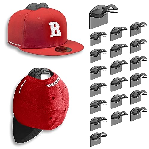 BRATEAYA Hat Hooks for Baseball Caps Wall Mount (20 Pack), 2 Different Ways Hat Racks to Organize & Display, Adhesive Hat Holders for Wall, Super Strong Baseball Hat Display, Translucent Black
