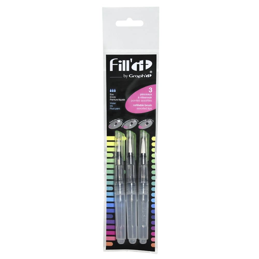 GRAPHIT Fill’It Set de 3 pinceaux à réservoir de 5ml pour encres acryliques ou à alcool, peintures liquides, eau pour aquareller
