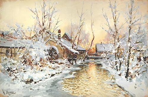 Peinture murale moulin à eau enneigé Walter Moras toile salon 60x90cm