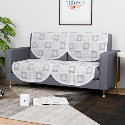 Image of Kuber Industries (Set of 6) Stylish & Durable Cotton Sofa Covers 2+1 Seater | Washable Sofa Protector /Mat & Slipcover for Living Room & Office | Square Flower - White