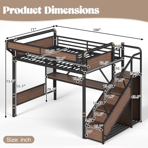 Image of Bellemave Queen loft Bed with Storage Stairs, Wardrobe, Shelves, Metal Queen Loft Bed Frame for Adults, Kids, Teens, Black+Natural Wood with Black Stairs