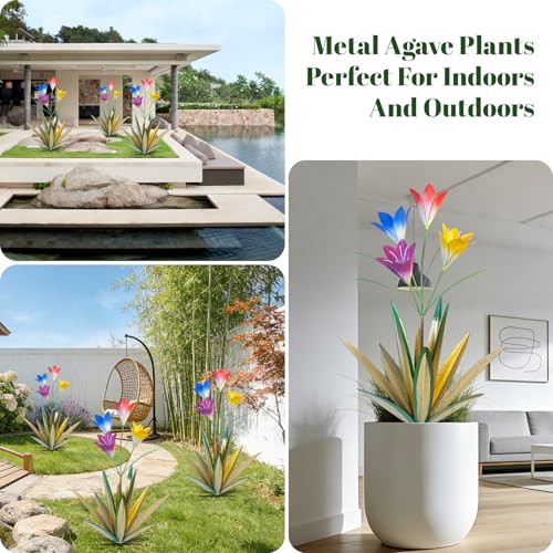 Image of TOMBABY 32.28 Inch Metal Agave Plant Outdoor Decoration Lily Mexican Yard Art Garden Gift Home Decor Hand Painted Metal Agave Garden Yard Statue (2pc, Grass Green)