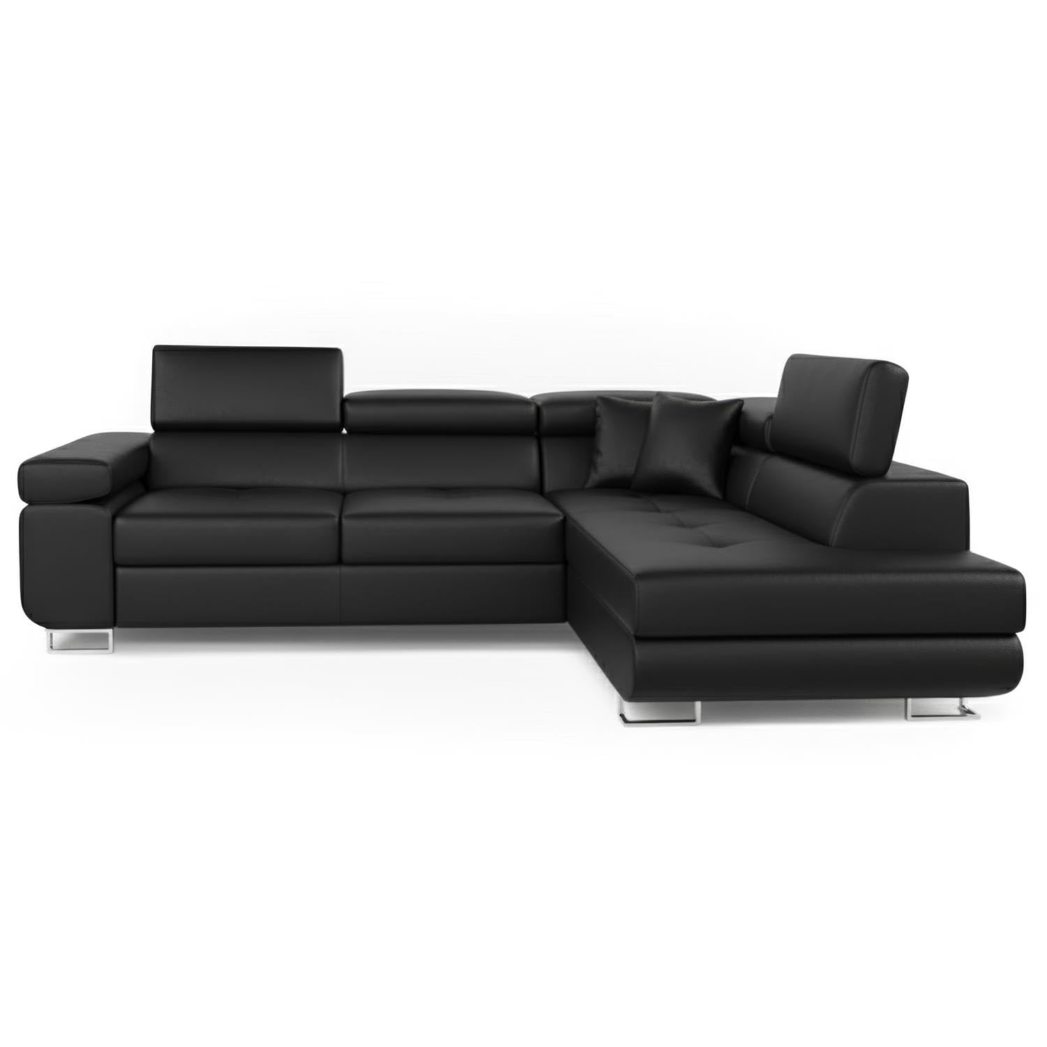 Menzzo Canape Convertible d’Angle Simili Noir - Pieds chromés - Canape Lit avec têtière relevable - Large Accoudoir, Coussins Moelleux & Assise Confortable - L275 x P202 x H90 cm