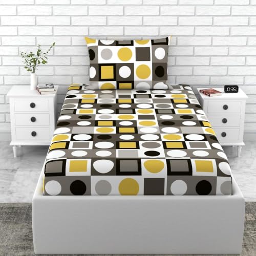 Image of Loreto - A Quality Linen Brand 144 TC 100% Pure Cotton Single Fitted Bedsheet with 1 Pillow Cover for 72 x 36 Inch, All-Around Elastic, 8 Inch Deep Pocket, Forged Iron Grey & Lemon Zest Yellow