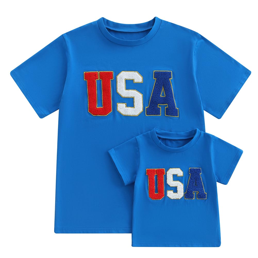 4TH of July Mommy and Me Matching Shirt Outfit Short Sleeve USA Embroidery Patriotic Independence Day T-Shirt Top