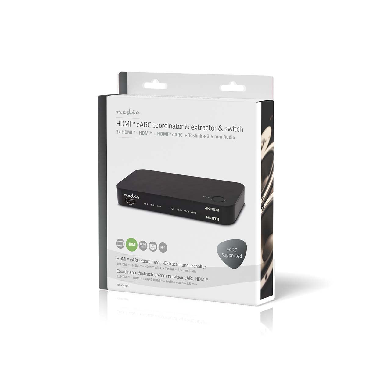 Nedis Convertitore audio digitale | 2 vie | Connettori – Ingresso: DC Power / 3 ingressi HDMI | Connettori – Uscita: 1 x 3,5 mm / 1 x TosLink / 2 x uscite HDMI | eARC | Automatico/pulsante | antracite