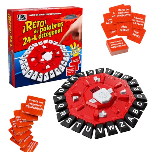 FIGUI GAMES Reto De Palabras 24-L Octogonal | Juegos de Mesa en Español | Juegos Niños 8 Años | Juegos de Palabras | 2 Modos de Juego | Ideal para Niños y Adultos (Rojo y Negro)