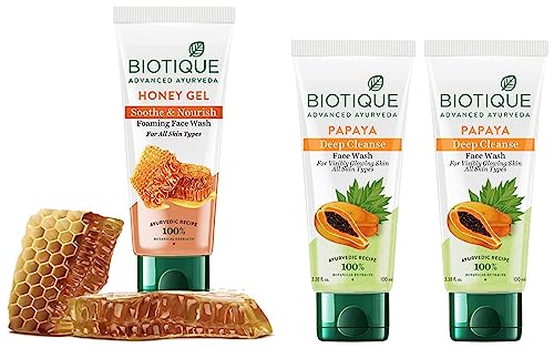 Image of Biotique Bio Papaya Visibly Ageless Face Wash, Pack of 2, 200 ml (2 x 100 ml) and Biotique Bio Honey Gel Refreshing Foaming Face Wash for All Skin Types, 100ml