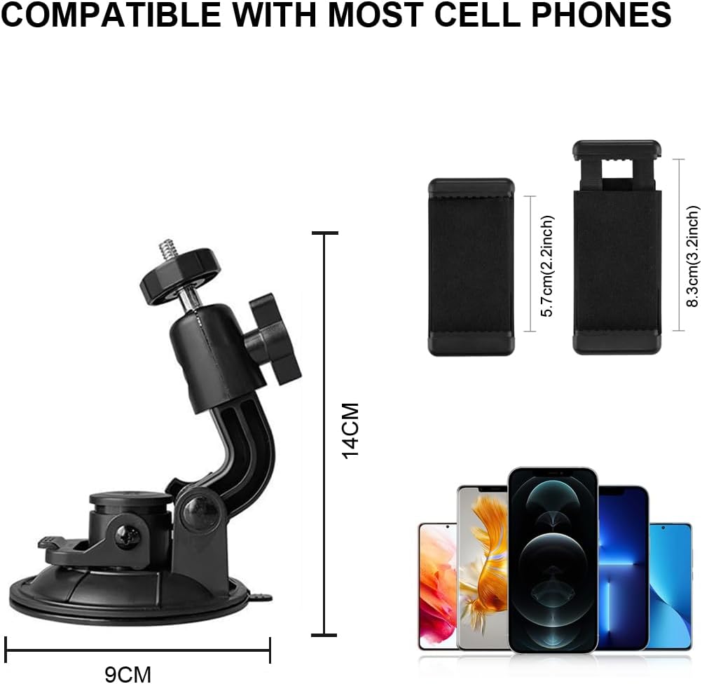 Car Suction Cup Mount with Phone Holder Action Camera Windshield Window Mount, Compatible for Go Pro Hero 13 12 11 10 9 8 7/for Insta 360 X3 X4 X5/ DJI Action 3 4 5 pro Pocket 3 OSMO360 Accessories