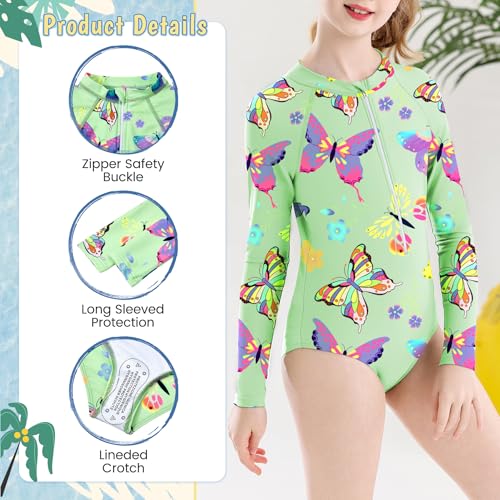 Zando Girls Long Sleeve Rash Guard One Piece Swimsuit for Teen Kids Toddler 2-15 Years - Surfing Bathing Suit UPF 50+ Zipper4
