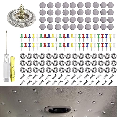 Kit de reparación Chinchetas Techo Coche de 65 piezas, botones, remaches, pasadores de colores, destornillador y cinta métrica incluidos - Compatible con la mayoría de los vehículos
