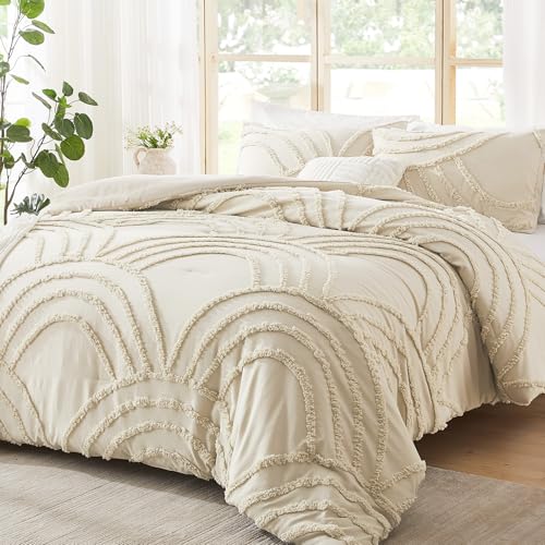 Image of ENJOHOS Boho Comforter Set 3PC, Full Size, Beige, Dorm Bedding Sets for College Girls, Tufted Rainbow Design, Fluffy Lightweight Breathable Microfiber Comfoter