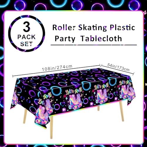 Image of LINHAXM 3 Pack Roller Skating Tablecloths, Roller Skating Party Decorations, Let's Roll Tablecloth for Roller Skate Birthday Party Decorations, 54 x 108 Inch