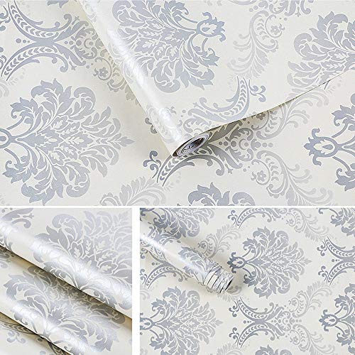 wolpin DIY Wallpaper Floral Damask (45 x 500 CM, Grey) | Damask Large Self Adhesive Wall Stickers Roll | Interior Decoration for Living Room Bedroom Home Walls | PVC Vinyl Contact Paper for Décor