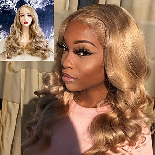 Mouton Hair Ash Blonde Synthetic Lace Front Wig Gold Color Wavy Wigs for Women Party Holiday Heat Resistant Fiber Hair Wig Blonde Wig Glueless Replacement Everyday Wigs 24 inch Long(Cosplay)