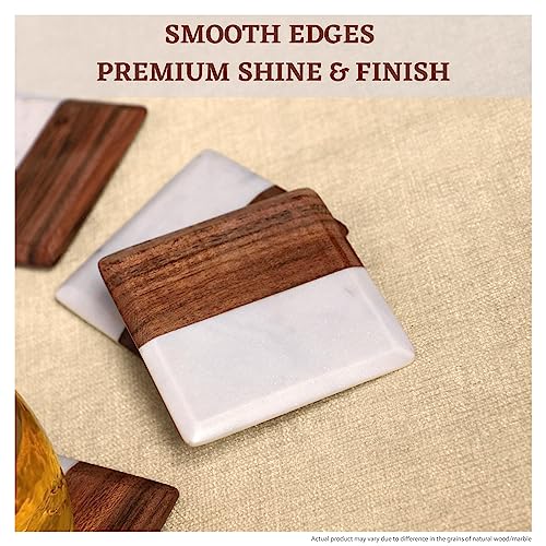 Image of DREAMY WALLS Marble Coasters Set of 4 with Holder, Acacia Wood Inlay, Dining Table Coasters for Hot Pots Tea & Coffee Mugs Table Coasters Decorative Items for Home Decor