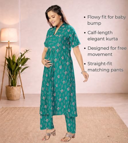 Image of Momenta Women's Pure Cotton Maternity Kurta Set | Feeding Kurti with Concealed Zippers | Maternity Dress for Pre & Post Pregnancy