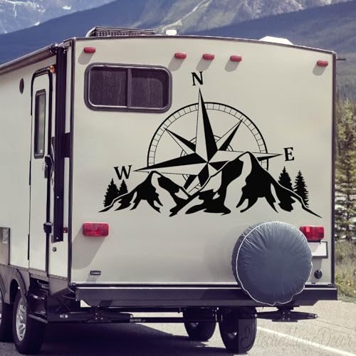 Motorhome Compass Decal with Mountains - Adventure Vinyl Sticker for RV Car Hood and Windows Outdoor Explorer Decal for Camping and Road Trips
