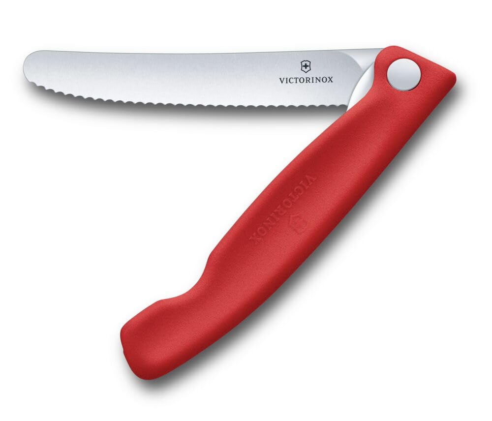 Victorinox Swiss Classic składany nóż piknikowy na wędrówki, owoce, warzywa, bułki, kiełbasy, ząbkowane cięcie, bardzo ostry, czerwony