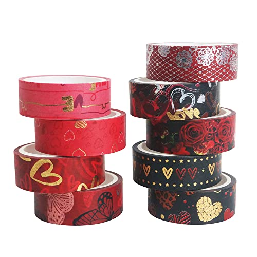 Sodagreen Gold Foil Washi Tape - 9 Rolls Black Red Washi Masking Tape Set - Cute Heart Decorative Tape Perfect for Bullet Journal, Scrapbook, Valentine s Day, Wedding Gift Packaging (Foil Heart)