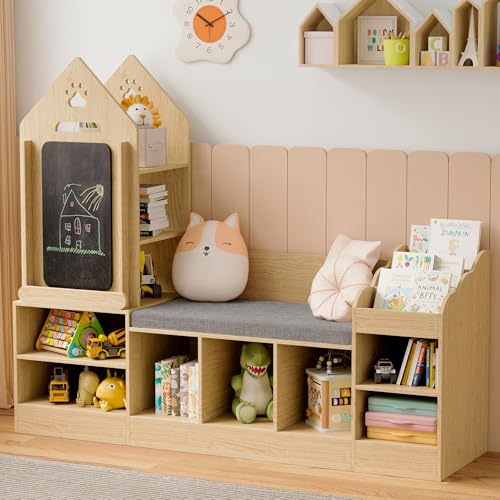 Xilingol Kids Reading Nook with Storage Bench and Chalkboard, Wooden Kids Bookshelf and Toy Storage, Toy Organizer for Boys & Girls, Toddler Reading Nook for Bedroom, Nursery, Playroom, Natural Oak