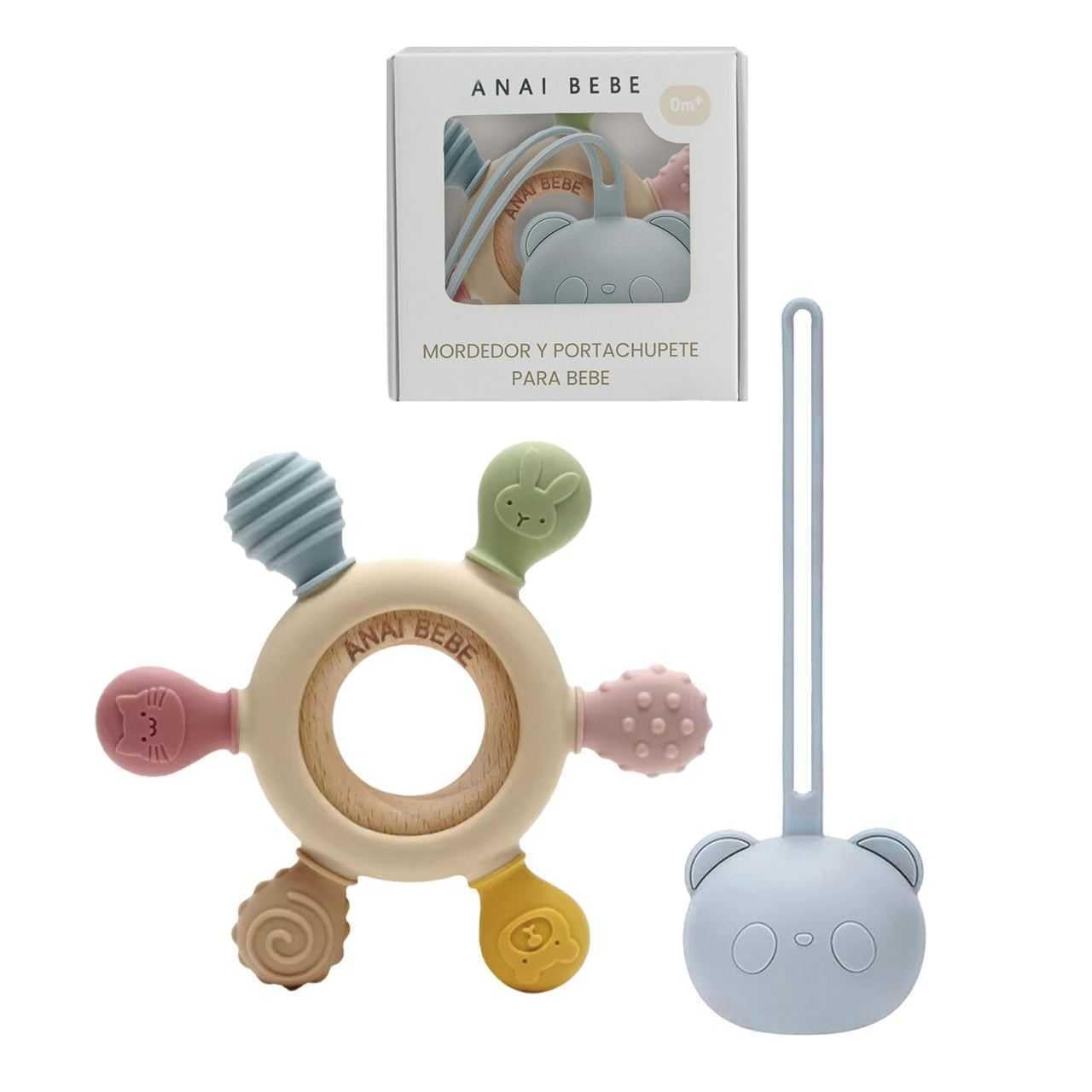 Pack Mordedor Bebé y Portachupetes, Mordedor Para Bebé de Silicona, Libre de BPA y Metales Pesados, Portachupete Para Bebé, Apto Para 0-12 Meses, Mordedor de Bebé, Baby Teething Toys (Azul)