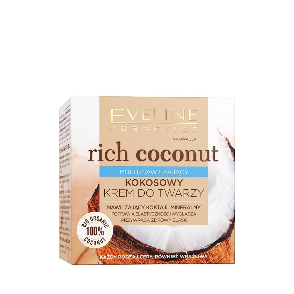 Eveline Cosmetics Rich Coconut Multi-Hydrating Coconut Face Cream with Organic Coconut Oil, Sea Salt & Raspberry Extracts - Antioxidant-Rich Camu Camu & Hyaluronic Acid for Nourished, Rejuvenated Skin