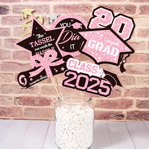 Image of Gexolenu 30 PCS Glitter Black and Pink Double-Sided Graduation Centerpieces for Tables, 2025 Graduation Table Toppers Party Centerpiece Sticks Party Supplies, Set of 5