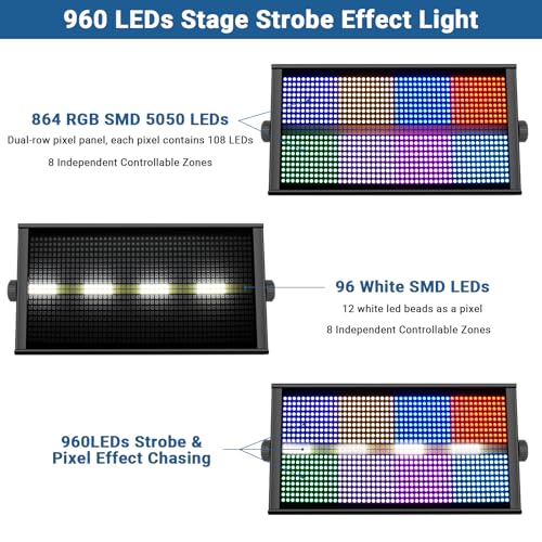 Image of LED Stage Strobe Light - 500W 960 LEDs RGBW DJ Strobe Light with 16 Zones Chasing by DMX RDM Control Sound Activated Auto Play Uplight for Event Club Bar Party Show Wedding Band Lighting