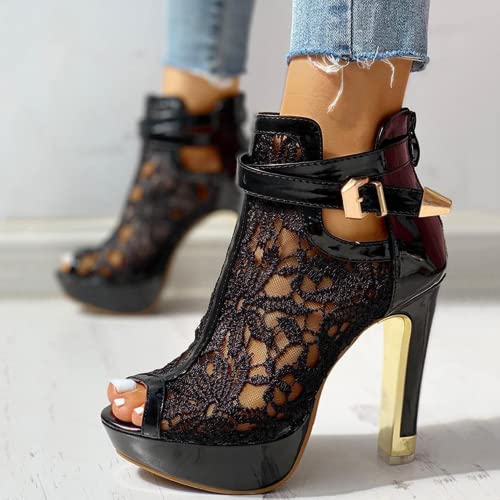 BORAMAX Women's Pretty Lace Flowers Open Toes High Heels Ankle Boots Platform Boots Peep Toe Colorful Casual Womens Boots2
