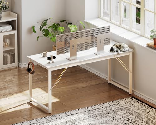 Image of Casaottima 54 Inch Computer Desk for Home Office, Study Writing Table for Small Spaces, Simple Modern Desk with Headphone Hooks, White