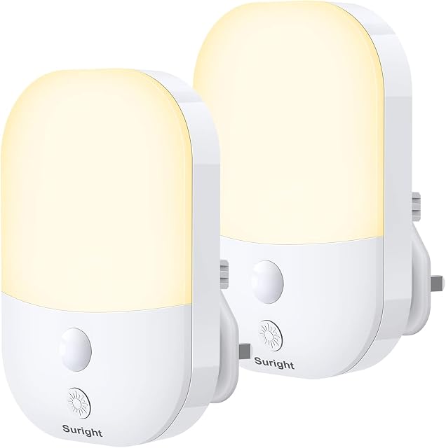 Suright Plug in Night Light with Dusk to Dawn Photocell Sensor, 2 Pack, with 5 Levels Brightness Adjustable, 3000K Warm White Night Light Kids for Bedroom, Hallway, Stairs, Nursery, 0.3 W