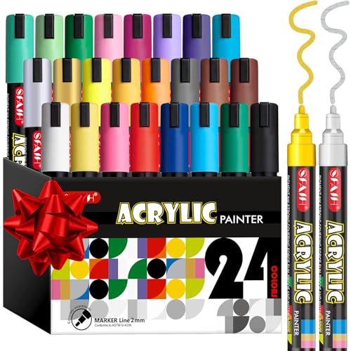 SFAIH Rotuladores de pintura acrílica, 24 colores, 3 mm, marcadores de dibujo medianos para suministros de arte, marcadores de graffiti, pintura de tela, pintura de roca, marcadores de arte para