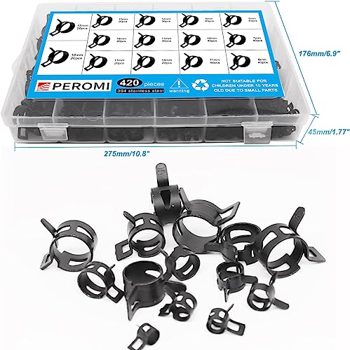 Peromi 14 Size 6-19Mm Spring Band Type Fuel Line Silicone Vacuum Hose Steel Pipe Clamp, Low Pressure Air Clip Clamp , Black, 420Pcs #TOP4
