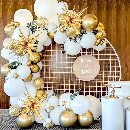 Image of White and Gold Balloons Garland Arch Kit, 130Pcs White Metallic Gold Confetti Balloon with Star Foil Balloons for Birthday Wedding Engagements Graduation Baby Shower Anniversary Party Decorations