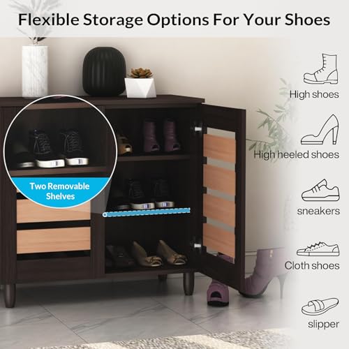 Image of Ever-Fresh Modern Dark Finish 2 Door Shoe Rack Cabinet | Engineered Wood | Ventilation Slots | Holds 15-20 Pairs | DIY Assembly (Oak and Wenge, Small)