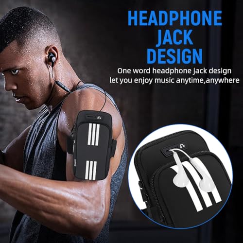 Image of Proberos Running Armband Pouch for 7'' Phones, Waterproof PU Arm Band, Double Layer Zip-up Pouch, Adjustable Arm Phone Holder with Night Reflective Strip & Earphone Cable Hole, Black