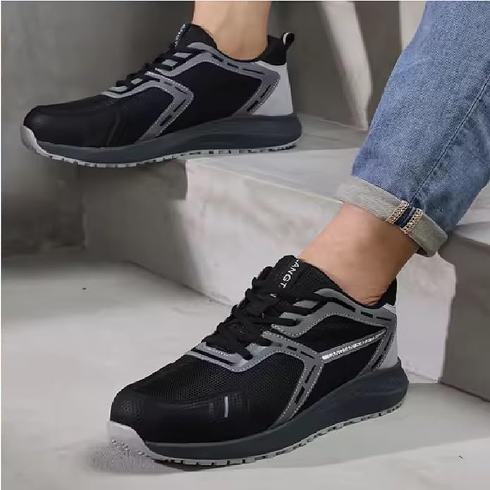 Image of BERKINS Men's Steel Toe Safety Shoes, Black, Mesh and Microfiber Leather, Lace-Up, Lightweight for Work and Construction