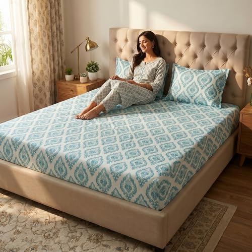 Image of Mafatlal 186 TC Grace Double Bed Pure Cotton Bedsheet | 90x100 Inch | Soft, Breathable & Lightweight | Durable & Fade Resistant | Includes 2 Pillow Covers | Dusky Aqua