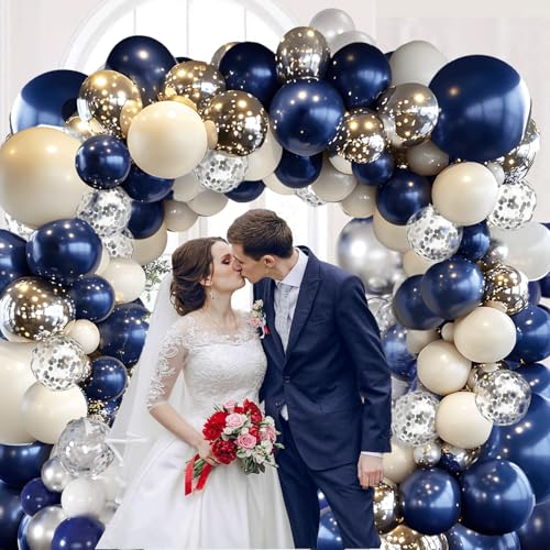 Image of Navy Blue Silver Balloon Arch Kit, Pearl White,129 pcs,Different Size