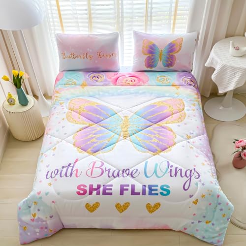 Image of Cokouchyi Twin Size Comforter Set for Girls, 5-Piece Bed in a Bag, 3D Colorful Butterfly Bedding Comforter Sheet Set, Ultra Soft and Fluffy, Pink & Rainbow Color