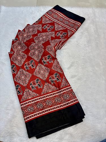 Image of SATIKA VASTRAM Modal Silk Ajrakh Saree Bandhani Design Crepe Printed Designer Pallu Attach Blouse Piece