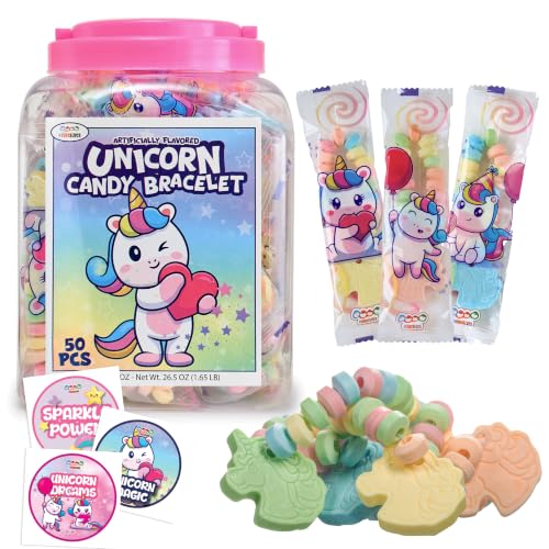50 Unicorn Candy Bracelets Individually Wrapped, Bulk Unicorn Party Favors