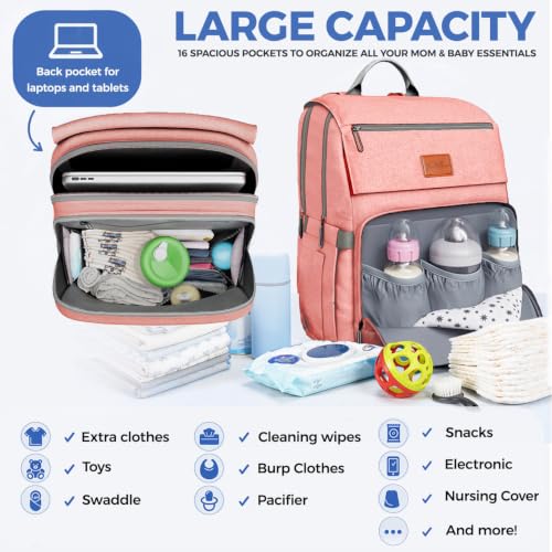Image of PILLANI Baby Diaper Bag Backpack - Diaper Bags for Baby Girl - Baby Shower Gifts for Girls - Large Waterproof Diaper Backpack - Pink Diaper Bag & Cute Baby Bags for Girls w /Portable Changing Pad, Pink
