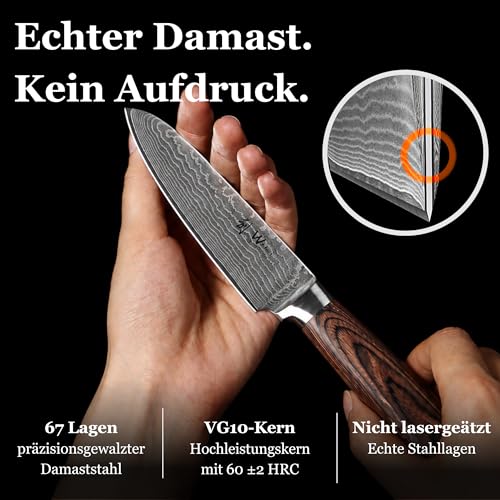 Wakoli EDIB Damastmesser Santoku 12,5 cm Klinge – Kleines Damast Küchenmesser aus 67 Lagen Damaststahl mit VG10-Kern (60 ±2 HRC) – Scharfes Santoku Messer mit Pakkaholzgriff in Geschenkbox