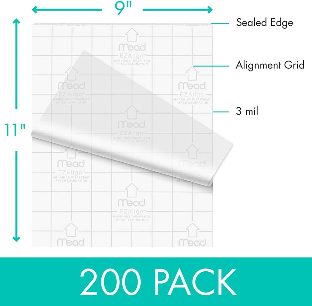 Mead Thermal Laminating Pouches, Lamination Sheets, Letter Size Pouch, 3 Mil, EZ-Align, 200 Pack (39031)