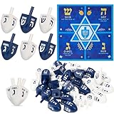 JOYIN 6 PCS Hanukkah Dreidels Set, Blue & White Wooden Dreidels with English Transliteration and Instruction Play Map, Hanukkah Card Game for Family Activities Party Games