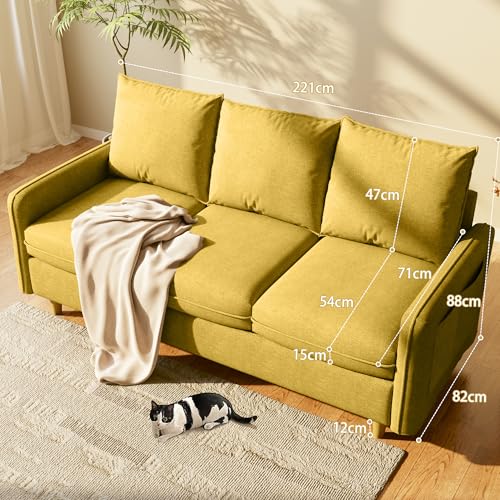 Meeyar 3 Sitzer Sofa, 221 cm Kleines Sofa mit Massivholzbeinen und Seitentaschen, Abnehmbare Bezüge, Kurzplüschstoff Sofa für Wohnzimmer, Schlafzimmer, Büro, Wohnung,Gelb