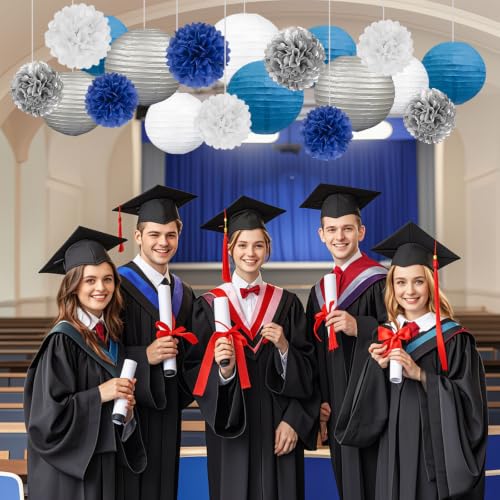 Image of 18 PCS Blue White Silver Paper Lanterns & Tissue Paper Pom Poms for Men's Birthday, Graduation 2026, Wedding, Hanging Paper Decor for Indoor Outdoor Events Theme Party Supplies